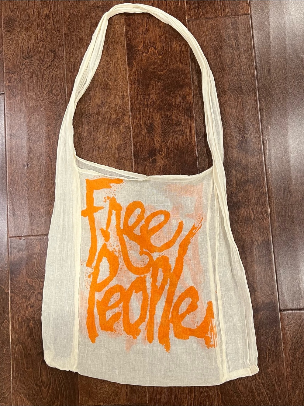 Free People Cream Canvas Shoulder Tote with Bright Orange Logo